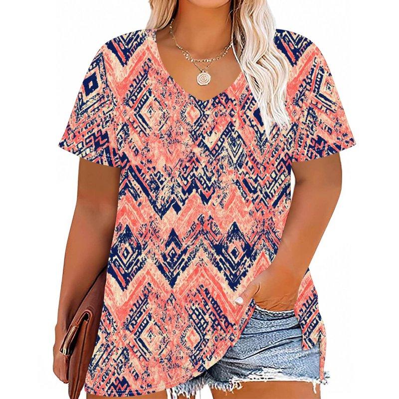 YOTAMI Short Sleeve Shirts For Women Plus Size Clothes V-Neck Summer Casual Blouses Floral Print Loose T-Shirts Orange
