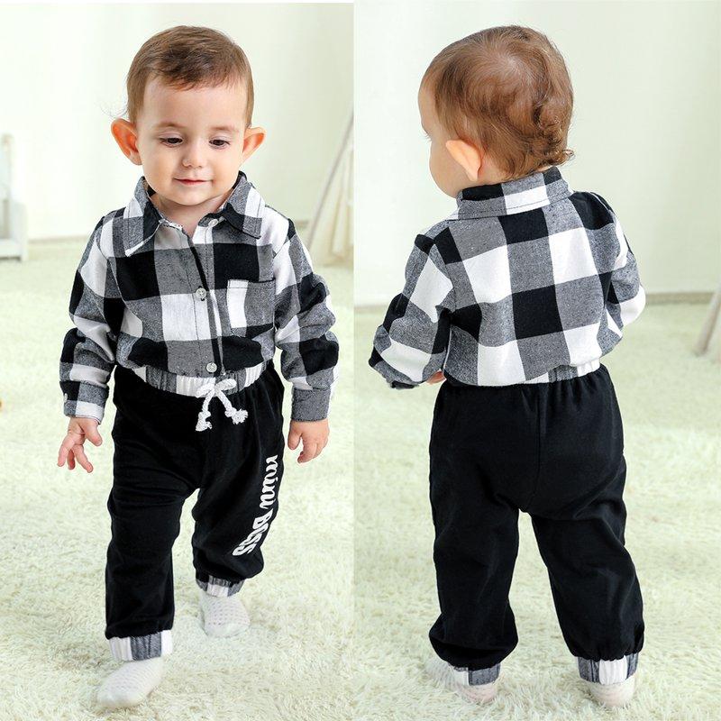 Younger Tree Infant Toddler Baby Boy Clothes Set Newborn Long Sleeve Flannel Plaid Bodysuit Pants Fall Winter Outfits For 12-18 Months