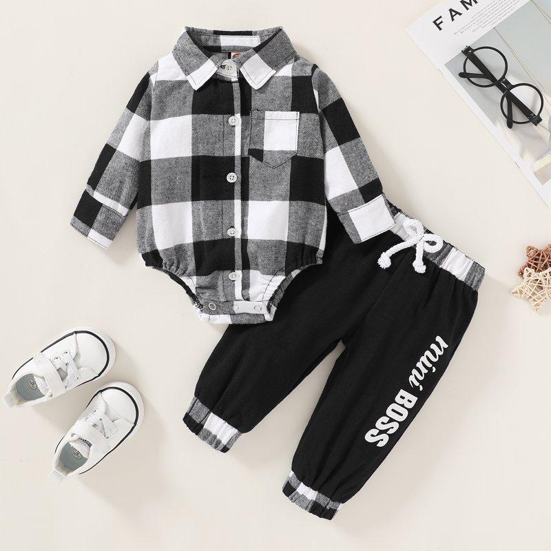 Younger Tree Infant Toddler Baby Boy Clothes Set Newborn Long Sleeve Flannel Plaid Bodysuit Pants Fall Winter Outfits For 12-18 Months