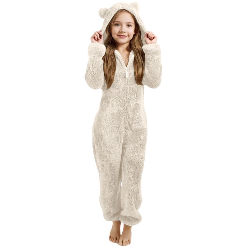 YUEHUA Girls Fleece Hooded Onesie Pajamas Cute One Piece Fuzzy Sleepwear Zip Up Jumpsuits Winter Warm Romper Outfits With Pockets Playsuit Loungewear White 4-5 Years