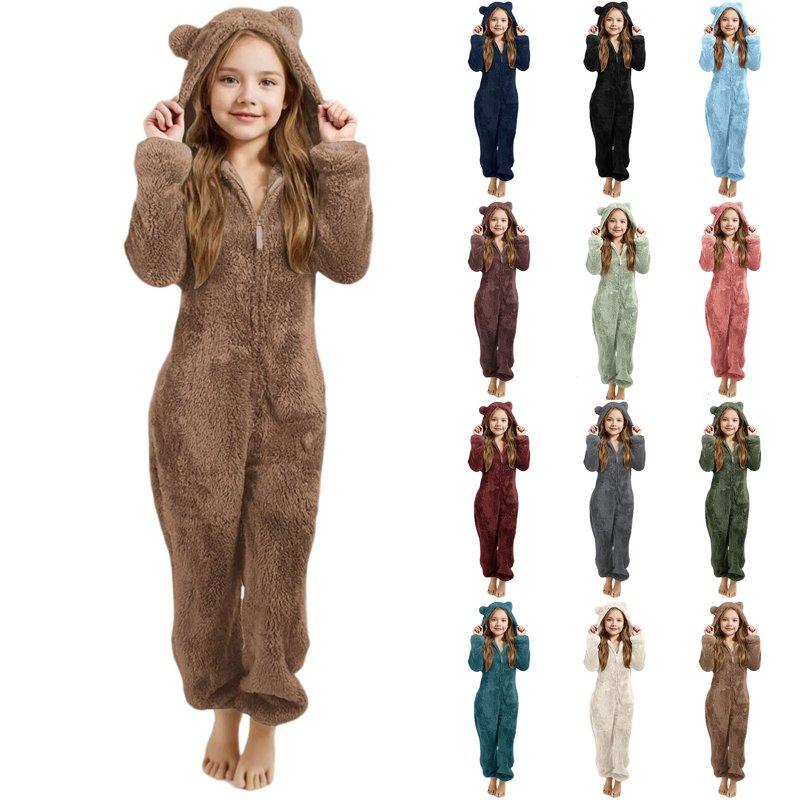 YUEHUA Girls Fleece Hooded Onesie Pajamas Cute One Piece Fuzzy Sleepwear Zip Up Jumpsuits Winter Warm Romper Outfits with Pockets Playsuit Loungewear White 4-5 Years