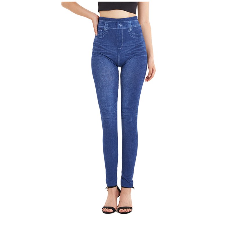 YuXingFu Jean Denim Leggings For Women Clearance Under $5 Women's Elastic Imitation Denim Print Leggings With Yoga Sport Elastic Pants Blue S