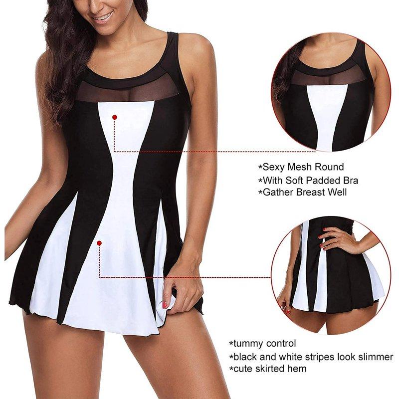 Zando Womens Swimsuits Tummy Control Swimsuit For Women One Piece Swimdress Swimwear Swim Dress Black White XL