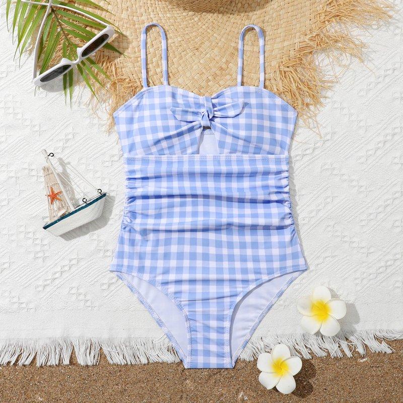 ZHUASHUM Summer Swimsuit Skintight Bodysuit Bikini For Girl 2024 New Girls' Swimwear Swimsuit Children'S Blue Plaid Bikini Light Blue Size:7-8 Years