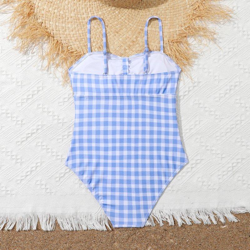 ZHUASHUM Summer Swimsuit Skintight Bodysuit Bikini For Girl 2024 New Girls' Swimwear Swimsuit Children'S Blue Plaid Bikini Light Blue Size:7-8 Years