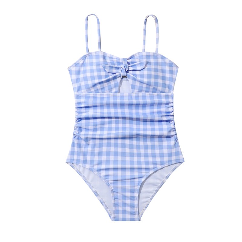 ZHUASHUM Summer Swimsuit Skintight Bodysuit Bikini For Girl 2024 New Girls' Swimwear Swimsuit Children'S Blue Plaid Bikini Light Blue Size:7-8 Years