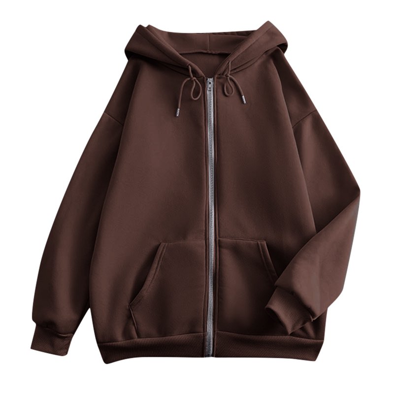Zip Up Hoodie Women Long Sleeve Solid Color Casual Zip Up Hoodie 03-Coffee L
