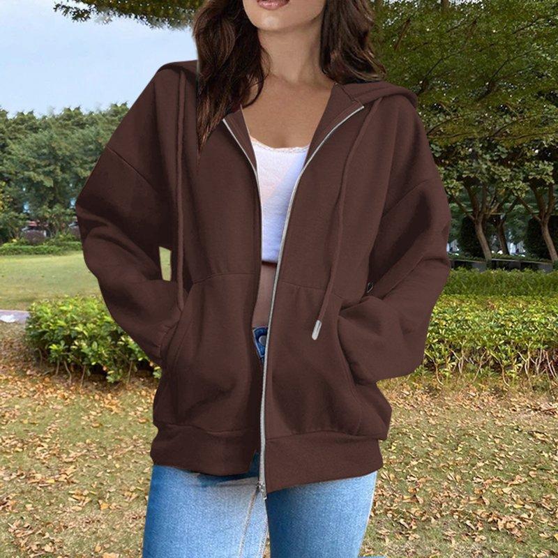 Zip Up Hoodie Women Long Sleeve Solid Color Casual Zip Up Hoodie 03-Coffee L