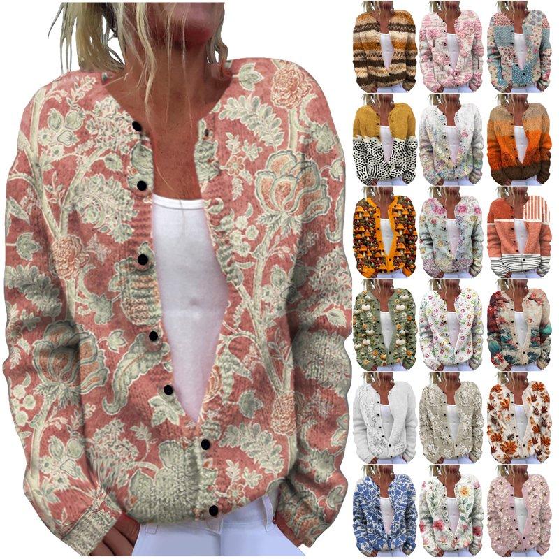 ZQGJB Floral Pattern Print Open Front Cardigan Sweaters for Women Plus Size Fall Winter Long Sleeve Cable Knit Hollow out Button Down Jacket Tops Loose Overszied Baggy Outwear Coat Multicolor#08 L