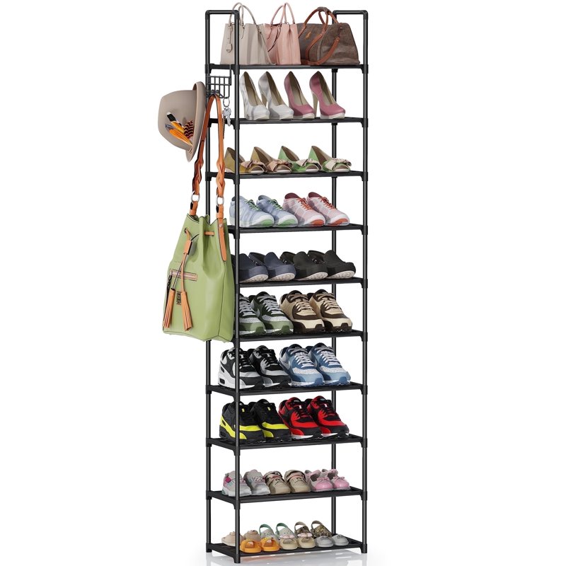 10 Tier Metal Shoes Rack IFOX Narrow Stackable Shoes Shelf With Hooks Shoe Tower For 20-24 Pairs Shoe And Boots Organizer Black