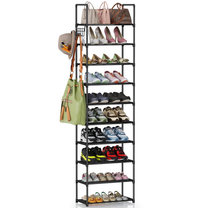 10 Tier Metal Shoes Rack IFOX Narrow Stackable Shoes Shelf With Hooks Shoe Tower For 20-24 Pairs Shoe And Boots Organizer Black