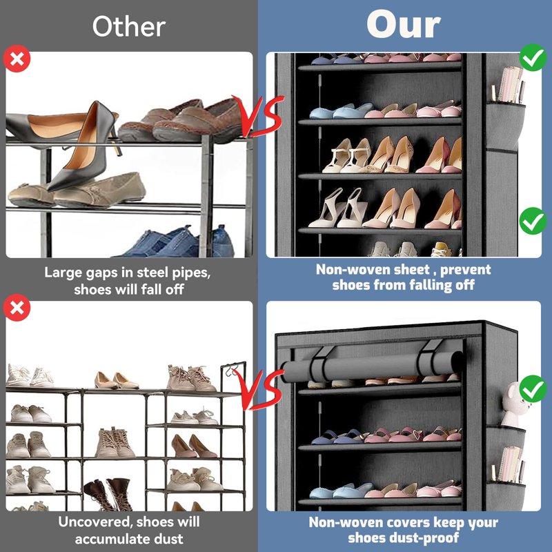 10 Tier Shoe Rack With Covers Large Capacity Stackable Tall Shoe Organizer Storage Sturdy Metal Free Standing Shoe Shelf For Closet Entryway Garage