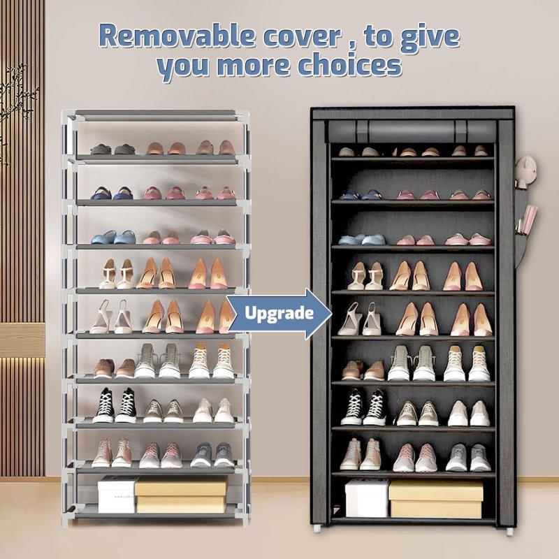 10 Tier Shoe Rack With Covers Large Capacity Stackable Tall Shoe Organizer Storage Sturdy Metal Free Standing Shoe Shelf For Closet Entryway Garage