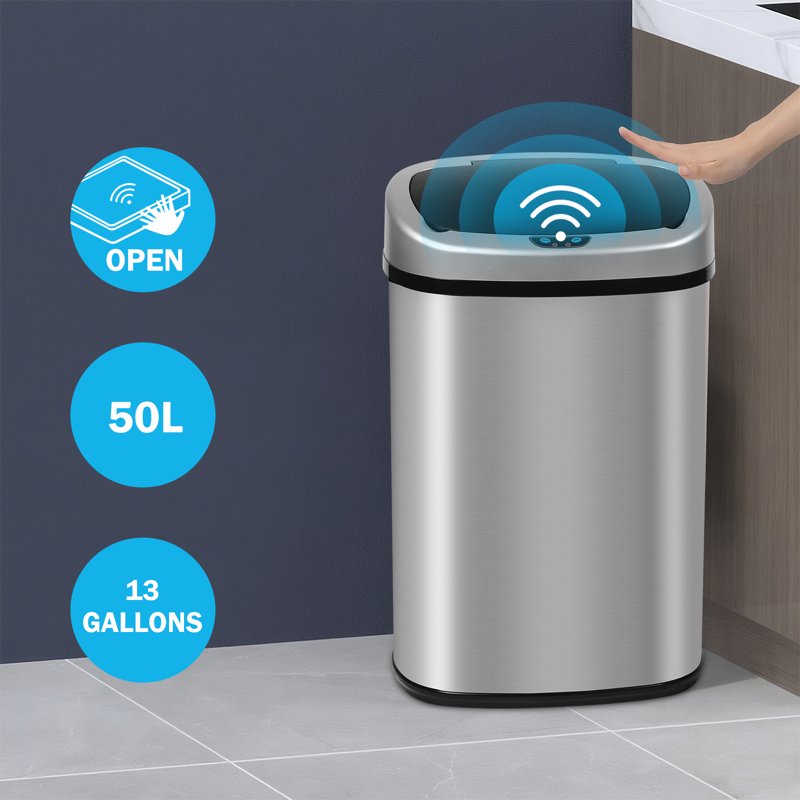 13 Gallon Kitchen Trash Can Automatic Stainless-Steel Garbage Can With Touch-Free & Motion Sensor Anti-Fingerprint Mute Designed Brushed Waste Bin For Home Silver