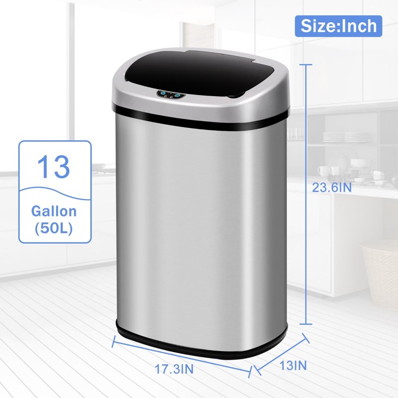 13 Gallon Kitchen Trash Can Automatic Stainless-Steel Garbage Can With Touch-Free & Motion Sensor Anti-Fingerprint Mute Designed Brushed Waste Bin For Home Silver
