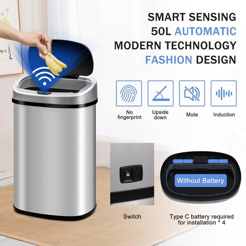 13 Gallon Kitchen Trash Can Automatic Stainless-Steel Garbage Can With Touch-Free & Motion Sensor Anti-Fingerprint Mute Designed Brushed Waste Bin For Home Silver