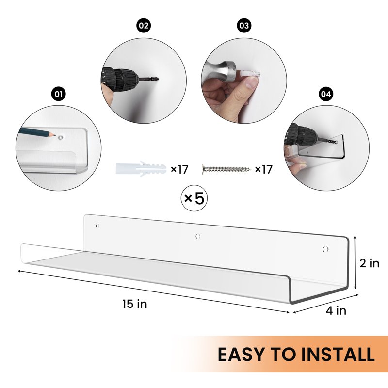 15" Acrylic Floating Shelves Wall Mounted Upsimples 5pack Clear Acrylic Shelves For Bedroom Living Room Bathroom Kitchen
