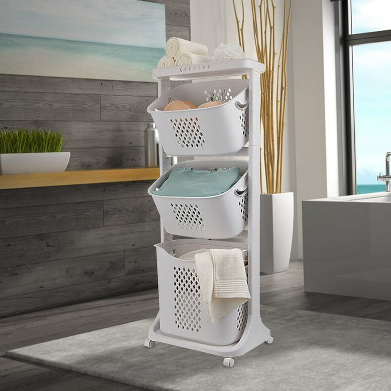 17"×13"×43" 3-Tier Laundry Hamper Basket Sorter With Wheels Small Clothes Storage Organizer Shelf Rolling Cart For One Person