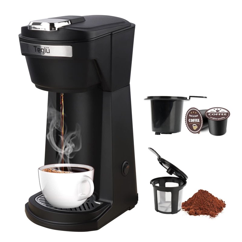 2 In 1 Single Serve Coffee Maker For K Cup Pods & Ground Coffee Mini K Cup Coffee Machine With 6 To 14 Oz Brew Sizes Single Cup Coffee Brewer With One-Press Fast Brewing Reusable Filters Black