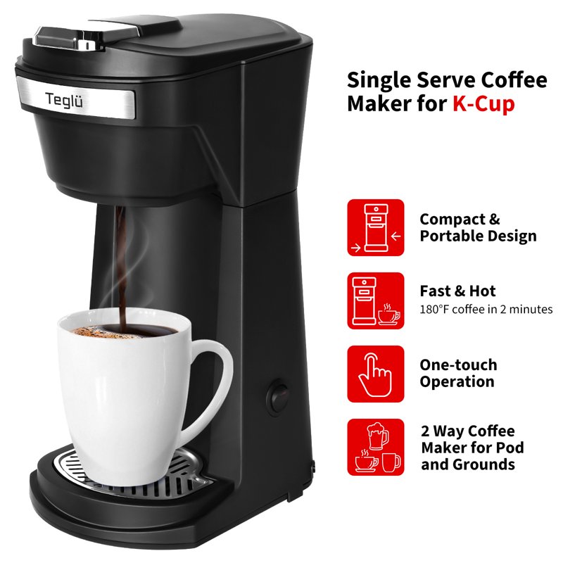 2 In 1 Single Serve Coffee Maker For K Cup Pods & Ground Coffee Mini K Cup Coffee Machine With 6 To 14 Oz Brew Sizes Single Cup Coffee Brewer With One-Press Fast Brewing Reusable Filters Black