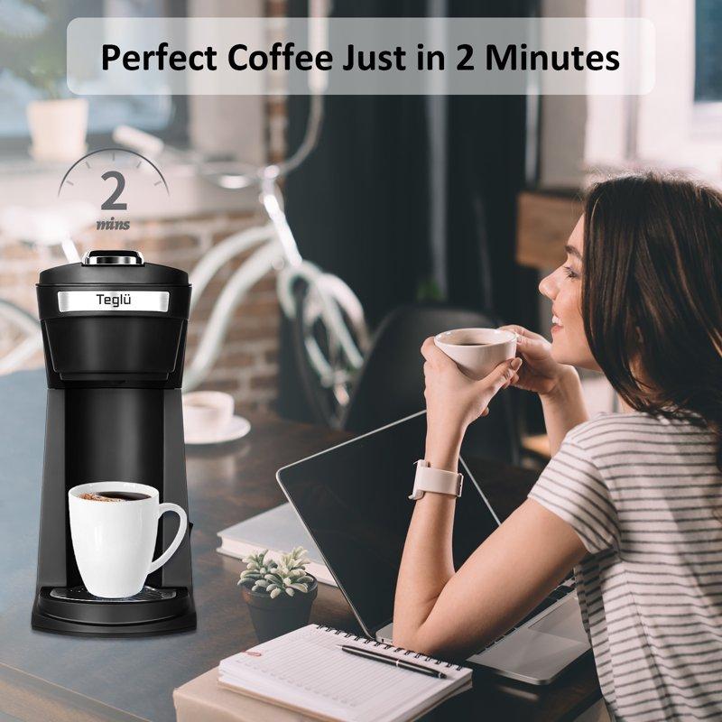 2 In 1 Single Serve Coffee Maker For K Cup Pods & Ground Coffee Mini K Cup Coffee Machine With 6 To 14 Oz Brew Sizes Single Cup Coffee Brewer With One-Press Fast Brewing Reusable Filters Black