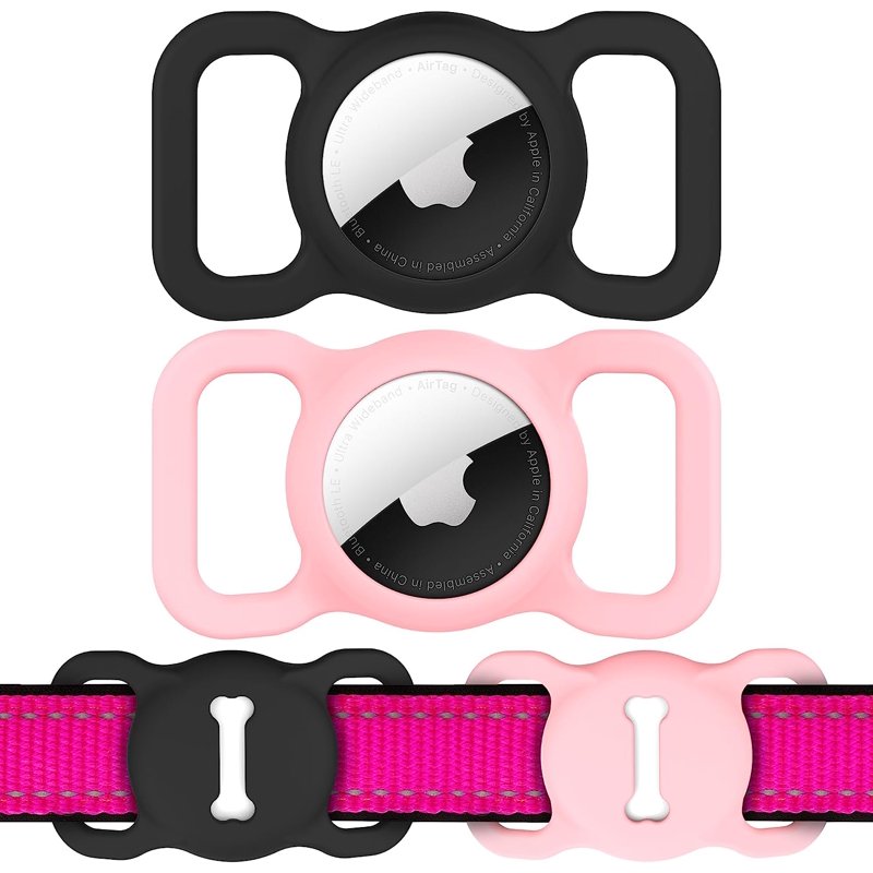 [2 Pack]Airtag Dog Collar Holder Air Tag Protective Cat Airtag Dog Collar Silicone AirTags GPS Tracking Accessories Air Tags with Bone Pattern(Black/Pink)
