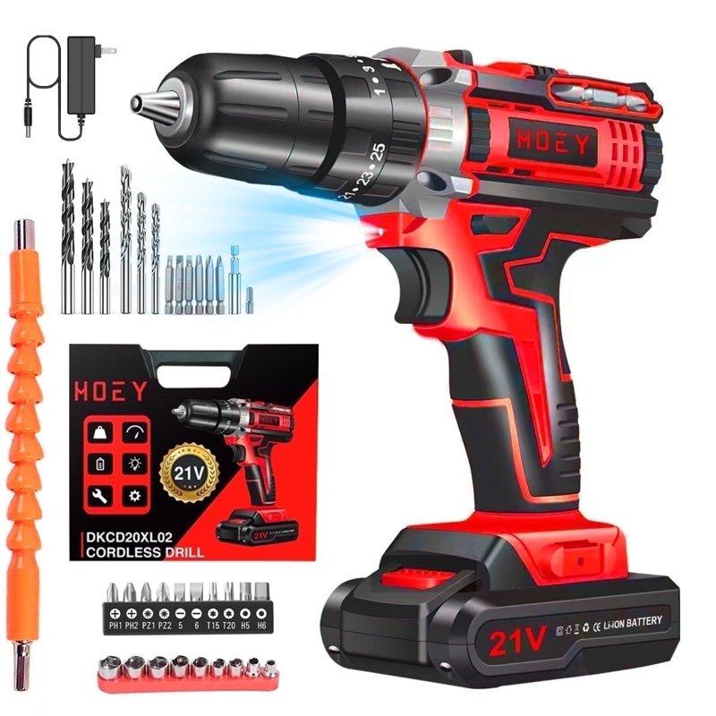 21V Cordless Drill Set Electric Power Drill 34Pcs With 3/8 Inch Keyless Chuck 25+3 Clutch Compact Driver Drill With Work Light Max Torque 45Nm 2-Variable Speed & Battery And Fast Charger
