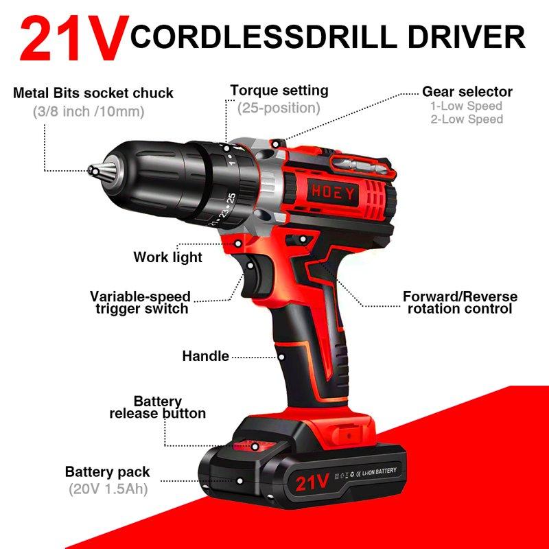 21V Cordless Drill Set Electric Power Drill 34Pcs With 3/8 Inch Keyless Chuck 25+3 Clutch Compact Driver Drill With Work Light Max Torque 45Nm 2-Variable Speed & Battery And Fast Charger