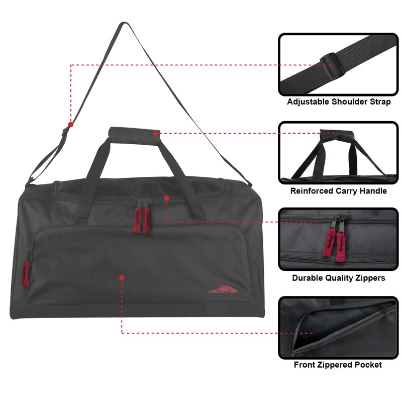 24 Inch 55 Liter Weekender Overnight Duffel Shoulder Bag For Men Women Teens Gym Travel Sports And Recreation In Black With Red Accents