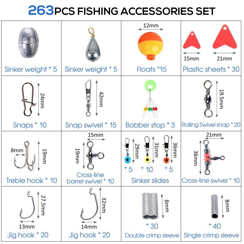 263pcs Fishing Accessories Set With Tackle Box Including Plier Jig Hooks Sinker Weight Swivels Snaps Sinker Slides