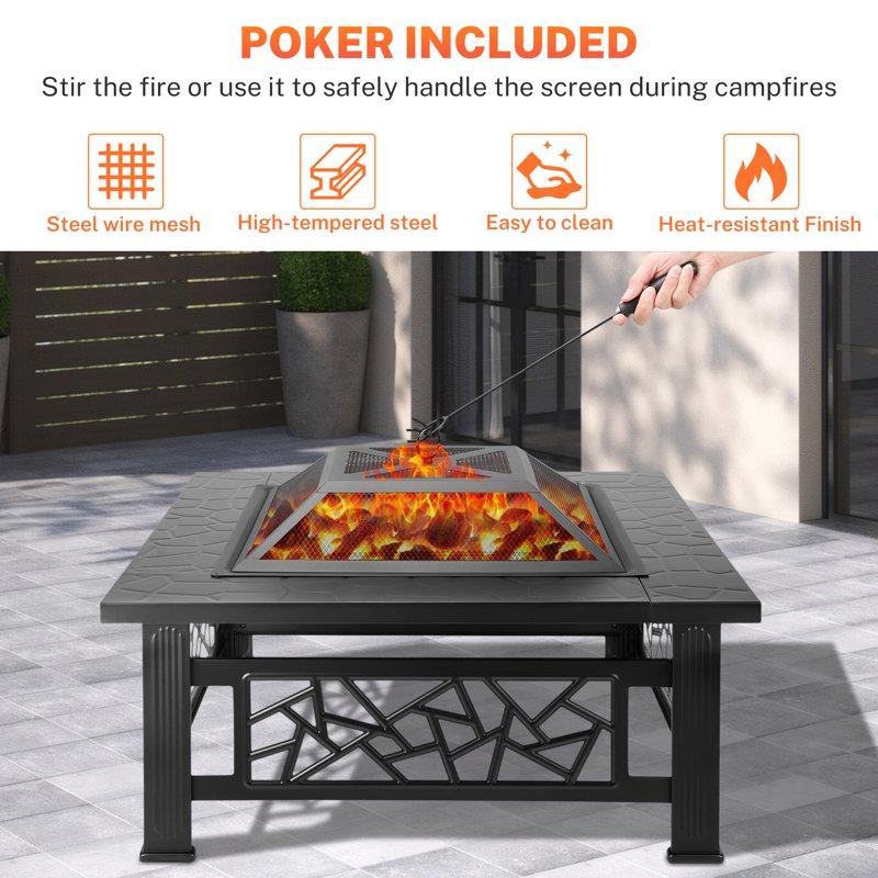32" Fire Pits For Outside Updated Segmart Outdoor Firepit With Fireplace Screen Lid Square Wood Burning Fireplace Heater/Ice Pit For Camping Outdoor Heating Bonfire And Picnic Black