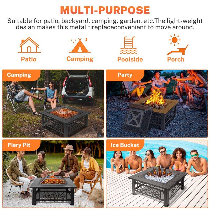 32" Fire Pits For Outside Updated Segmart Outdoor Firepit With Fireplace Screen Lid Square Wood Burning Fireplace Heater/Ice Pit For Camping Outdoor Heating Bonfire And Picnic Black