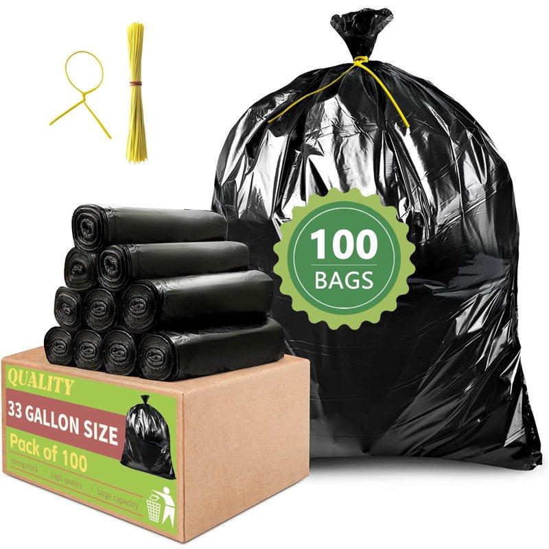 33 Gallon Trash Bags (100 Count) Garbage Bags 30-32 Gallon High Density Bags with Tying Ropes