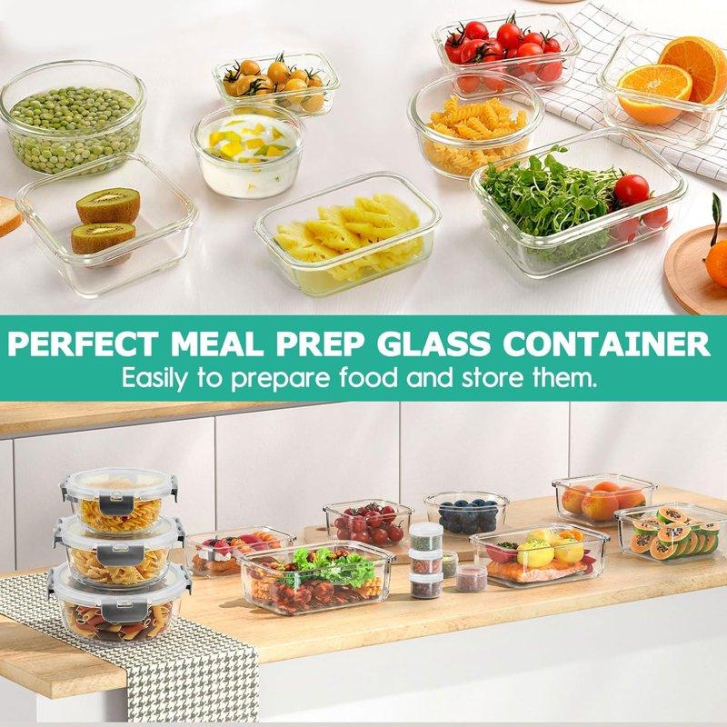 34pcs Glass Food Storage Containers With Lids Set Airtight Meal Prep Containers (17 Containers & 17 Lids) Grey