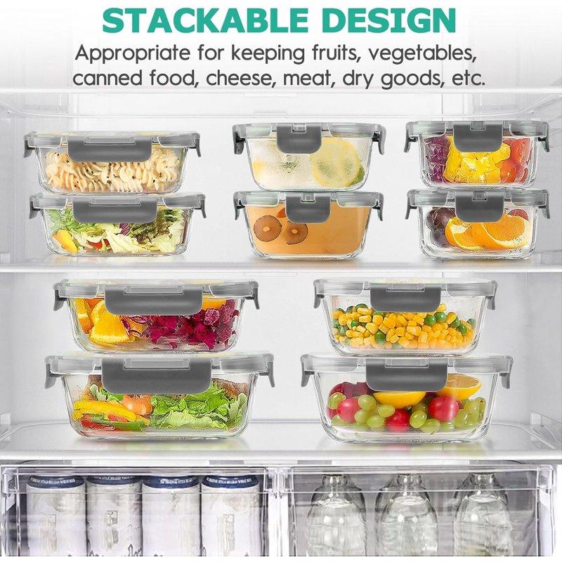 34pcs Glass Food Storage Containers With Lids Set Airtight Meal Prep Containers (17 Containers & 17 Lids) Grey