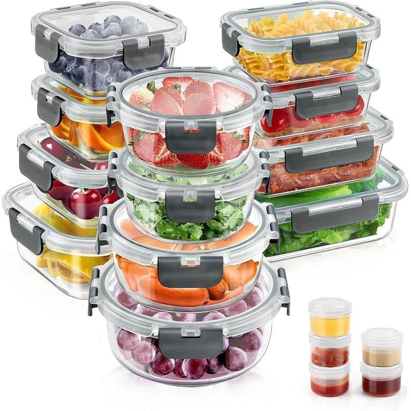 34pcs Glass Food Storage Containers with Lids Set Airtight Meal Prep Containers (17 Containers & 17 Lids) Grey