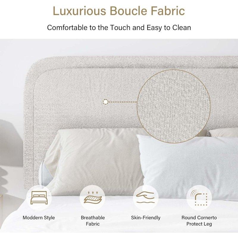 4 EVER WINNER Twin Size Bed Frame Modern Bed Frame With Headboard Boucle Fabric Upholstered Bed Frame Soft Curved Headboard Cream