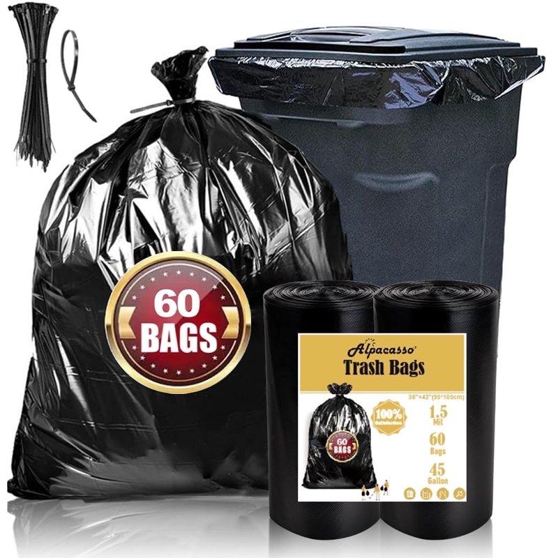 40-45 Gallon Trash Bags 1.5Mil Black Heavy Duty Garbage Can Liners 36'' x 44'' (60 Count)