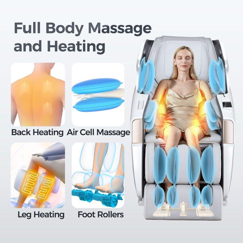 4D Full Body Massage Chair Zero Gravity Shiatsu Recliner SL Track Massage Chair With Heating Leg Auto Extension Bluetooth AI Voice And APP Controller White