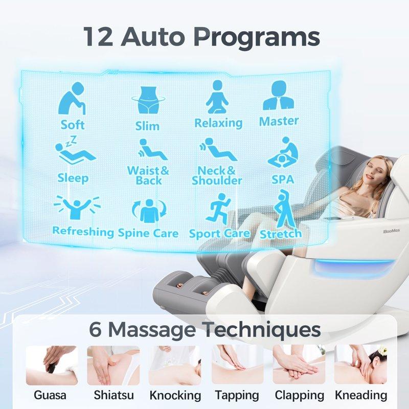 4D Full Body Massage Chair Zero Gravity Shiatsu Recliner SL Track Massage Chair With Heating Leg Auto Extension Bluetooth AI Voice And APP Controller White