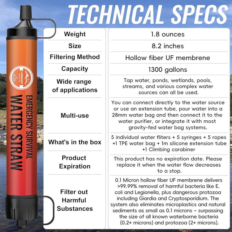 5 PACK Portable Water Filter Straw Mini Water Purifier Survival Gear For Emergencies Hiking Camping Disaster Preparation-Orange