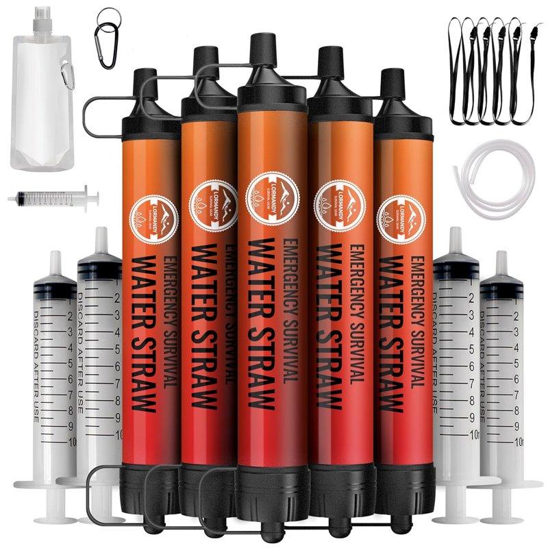 5 PACK Portable Water Filter Straw Mini Water Purifier Survival Gear for Emergencies Hiking Camping Disaster Preparation-Orange