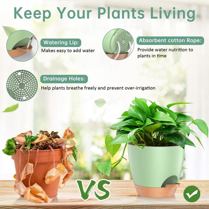 5 Pack Self Watering Plant Pots Plastic Planters With Drainage Holes And Saucers Flower Pots For Indoor Outdoor Garden Plants 7/6.5/6/5.5/5 Inch(Green)