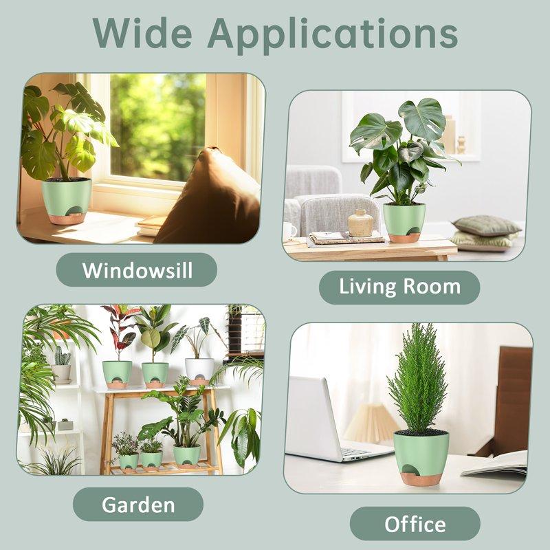 5 Pack Self Watering Plant Pots Plastic Planters With Drainage Holes And Saucers Flower Pots For Indoor Outdoor Garden Plants 7/6.5/6/5.5/5 Inch(Green)