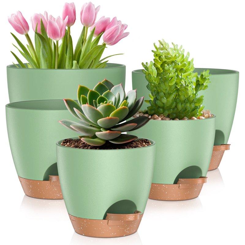 5 Pack Self Watering Plant Pots Plastic Planters with Drainage Holes and Saucers Flower Pots for Indoor Outdoor Garden Plants 7/6.5/6/5.5/5 Inch（Green）