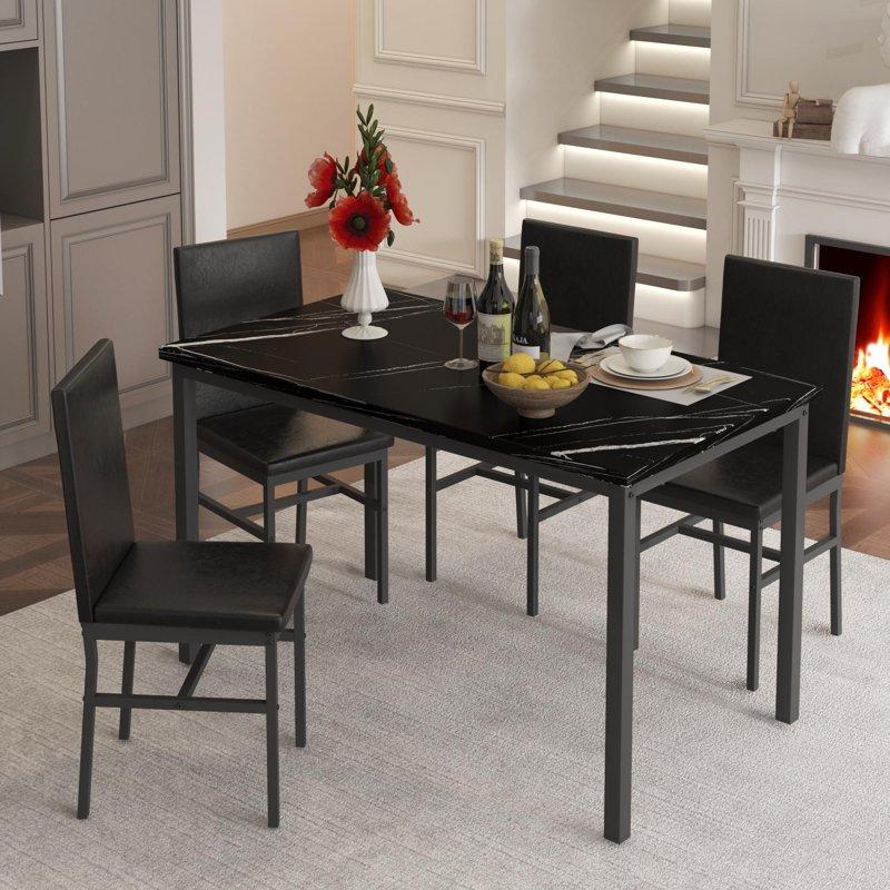 5 Piece Dining Table Set Modern Faux Marble Tabletop And 4 PU Leather Upholstered Chairs Rectangle Kitchen Table And Chairs For 4 Persons Small Dining Set For Bar Dining Room Breakfast Nook
