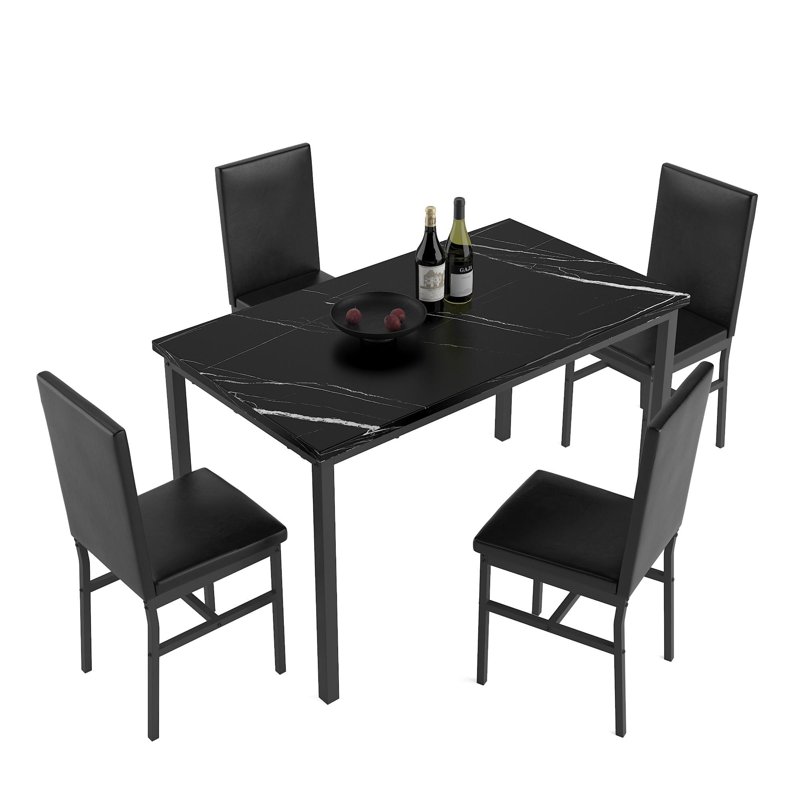5 Piece Dining Table Set Modern Faux Marble Tabletop And 4 PU Leather Upholstered Chairs Rectangle Kitchen Table And Chairs For 4 Persons Small Dining Set For Bar Dining Room Breakfast Nook