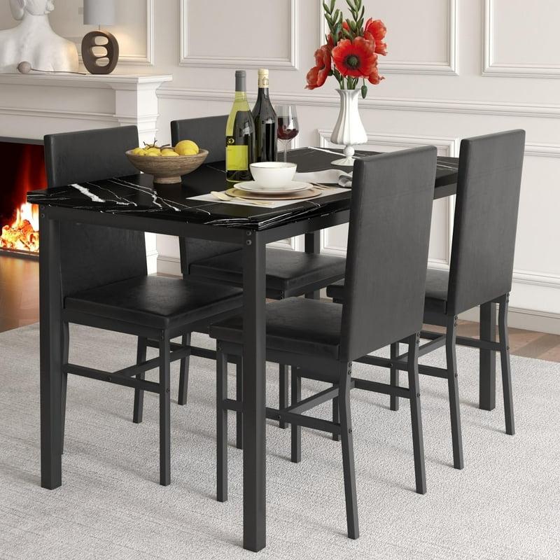 5 Piece Dining Table Set Modern Faux Marble Tabletop and 4 PU Leather Upholstered Chairs Rectangle Kitchen Table and Chairs for 4 Persons Small Dining Set for Bar Dining Room Breakfast Nook