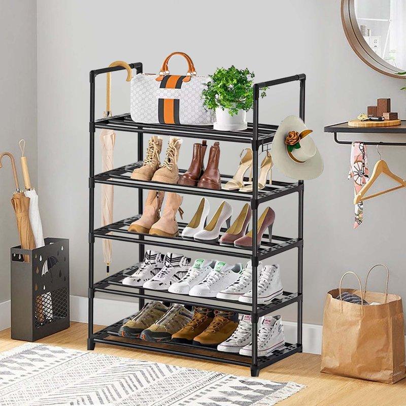 5 Tiers Shoe Rack With Hook Stackable Shoe Organizer Storage For Shoe And Boot Shoe Shelf For Closet Entryway Dorm Garage