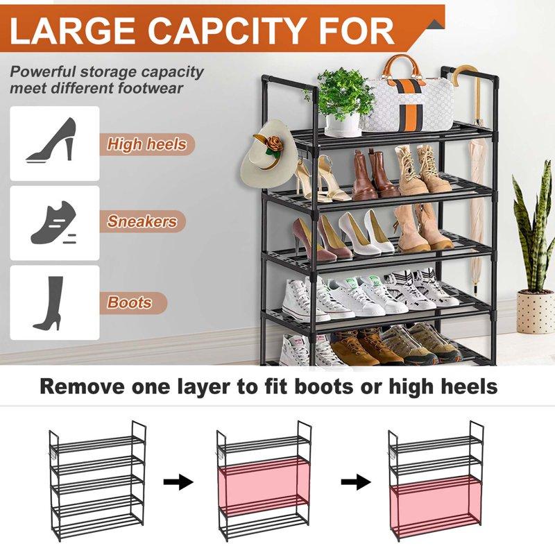 5 Tiers Shoe Rack With Hook Stackable Shoe Organizer Storage For Shoe And Boot Shoe Shelf For Closet Entryway Dorm Garage